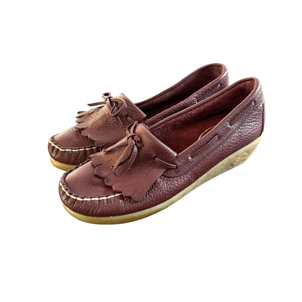 Vtg G.H. Bass Leather Kiltie Loafers 7 Fringe Bow Low Wedge Preppy Dark Academia